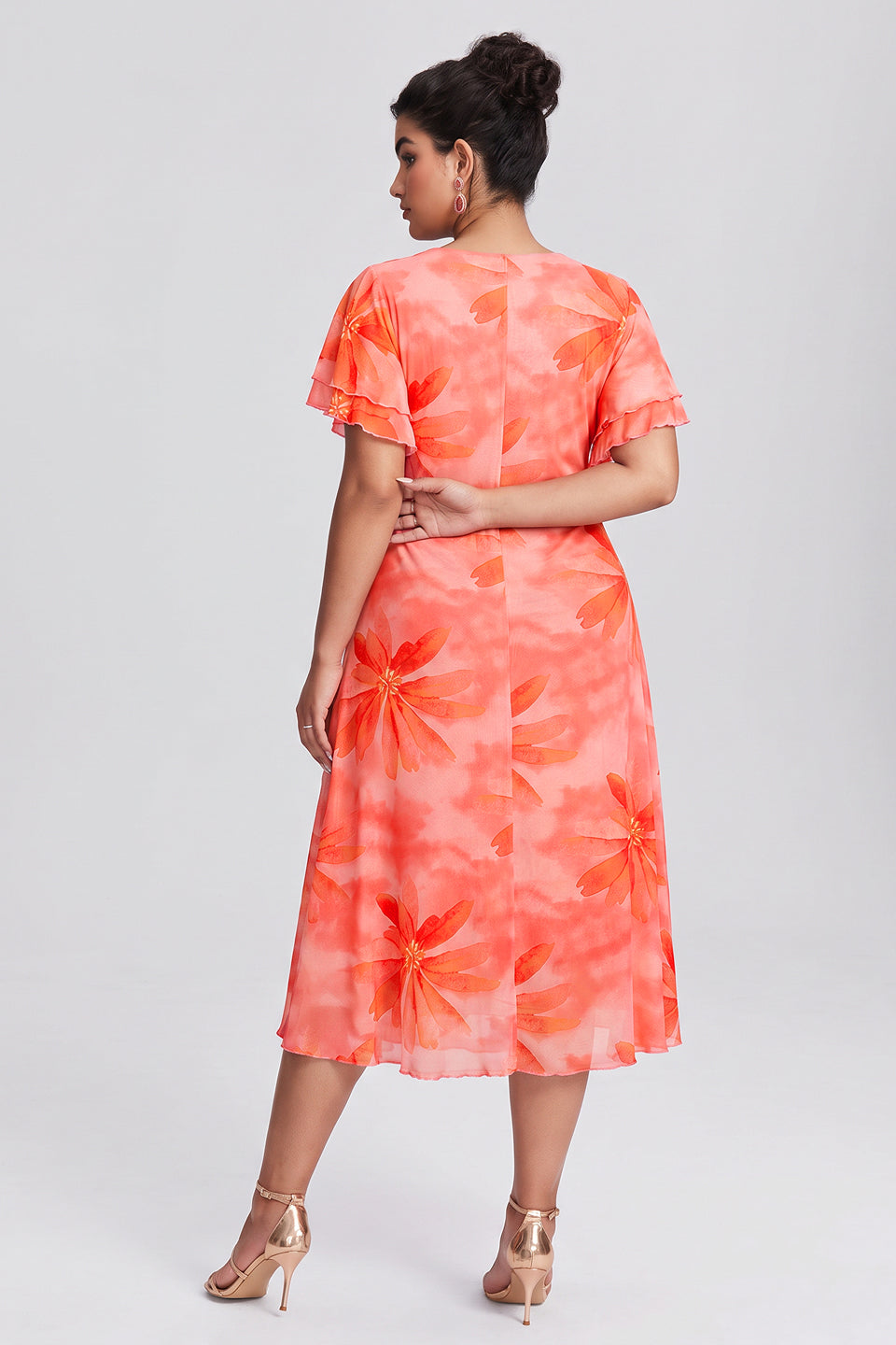 Curveins Plus Size V Neck Batwing Sleeve Flowy Elegant Midi Dress