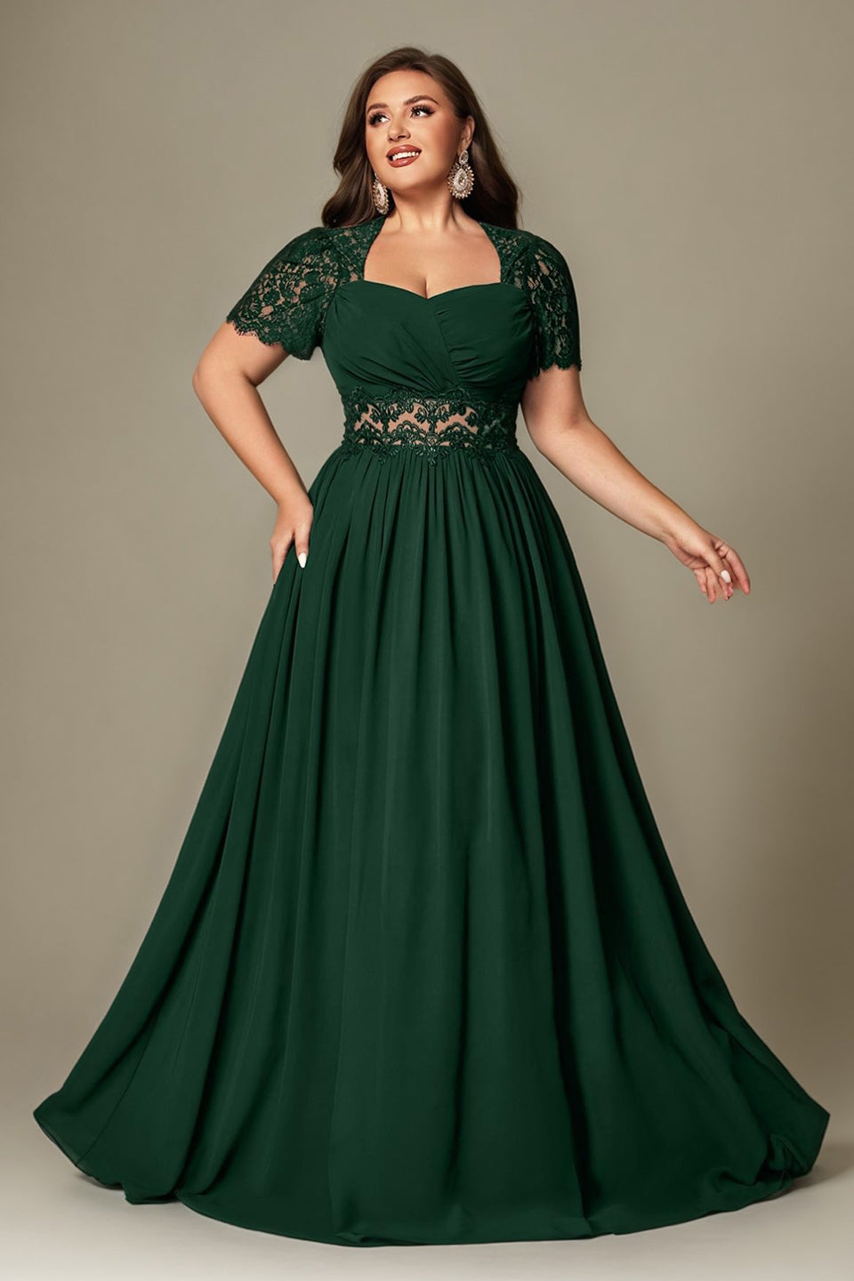 Curveins Plus Size Strapless Embroidered Short Sleeve Waist Cinch A-Line Maxi Dress
