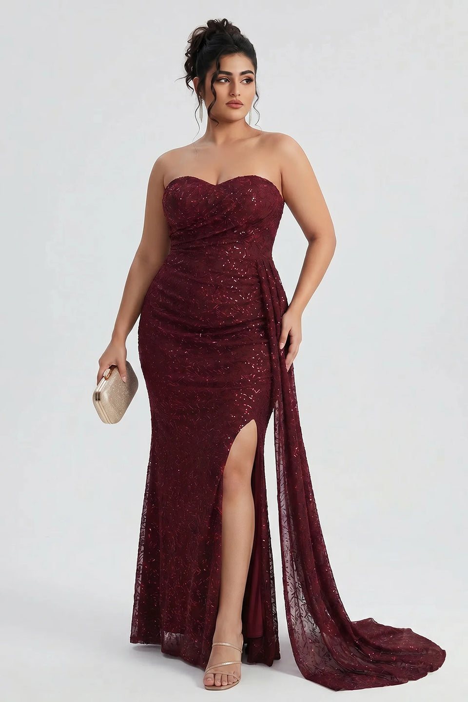 Curveins Plus Size Strapless Sequin Side Sash High Slit Elegant Maxi Dress
