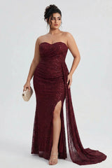 Curveins Plus Size Strapless Sequin Side Sash High Slit Elegant Maxi Dress