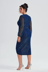 Curveins Plus Size Lantern Sleeve Wrap Sequin Mesh Dress