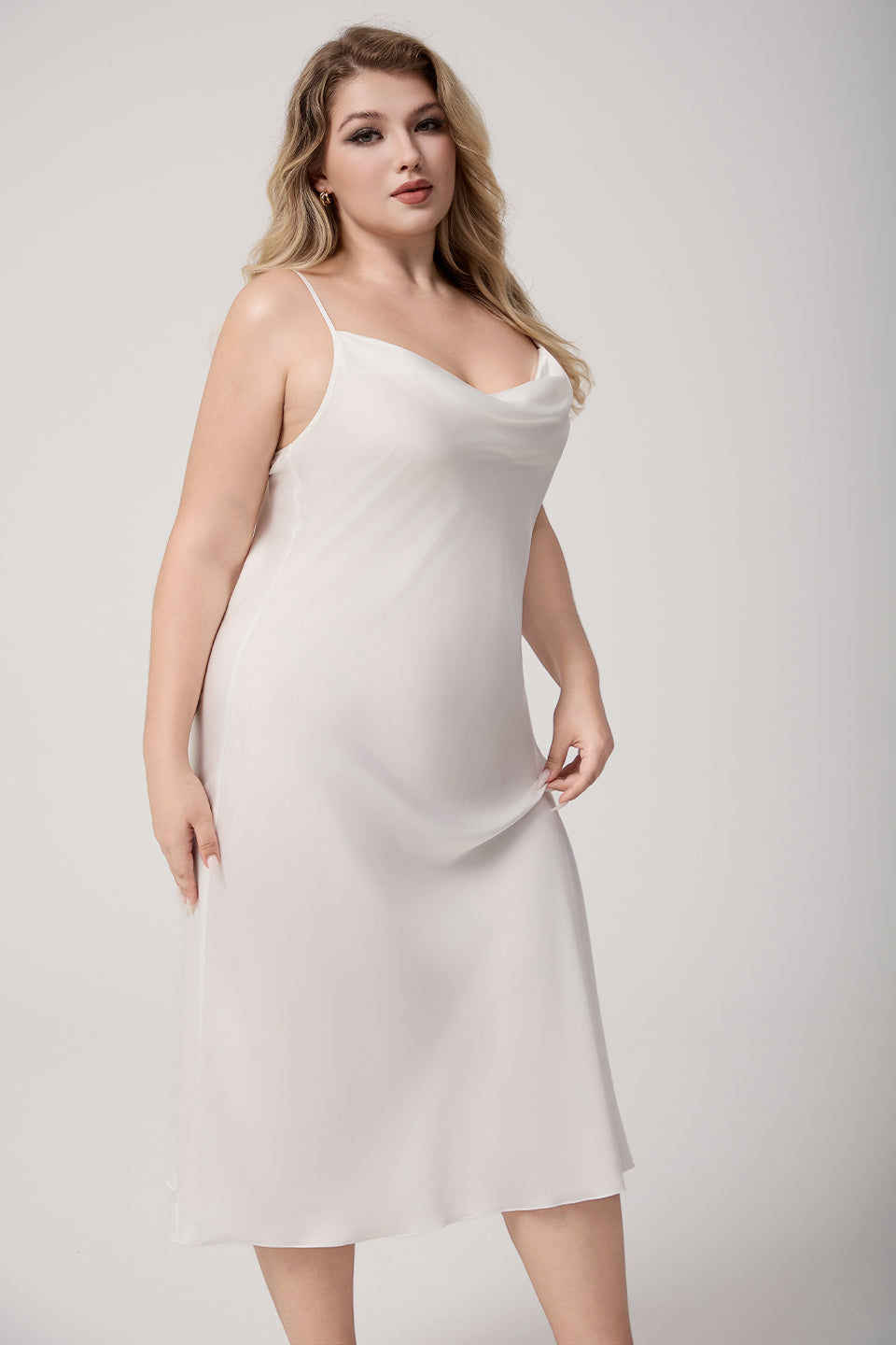 Curveins Plus Size Satin Cowl Neck Spaghetti Strap Loose Fit Sleep Dress