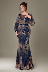 Curveins Plus Size Round Neck Long Sleeve Sequin Fishtail Maxi Dress