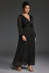 Curveins Plus Size V-Neck Lantern Sleeve Slit Hem Maxi Dress