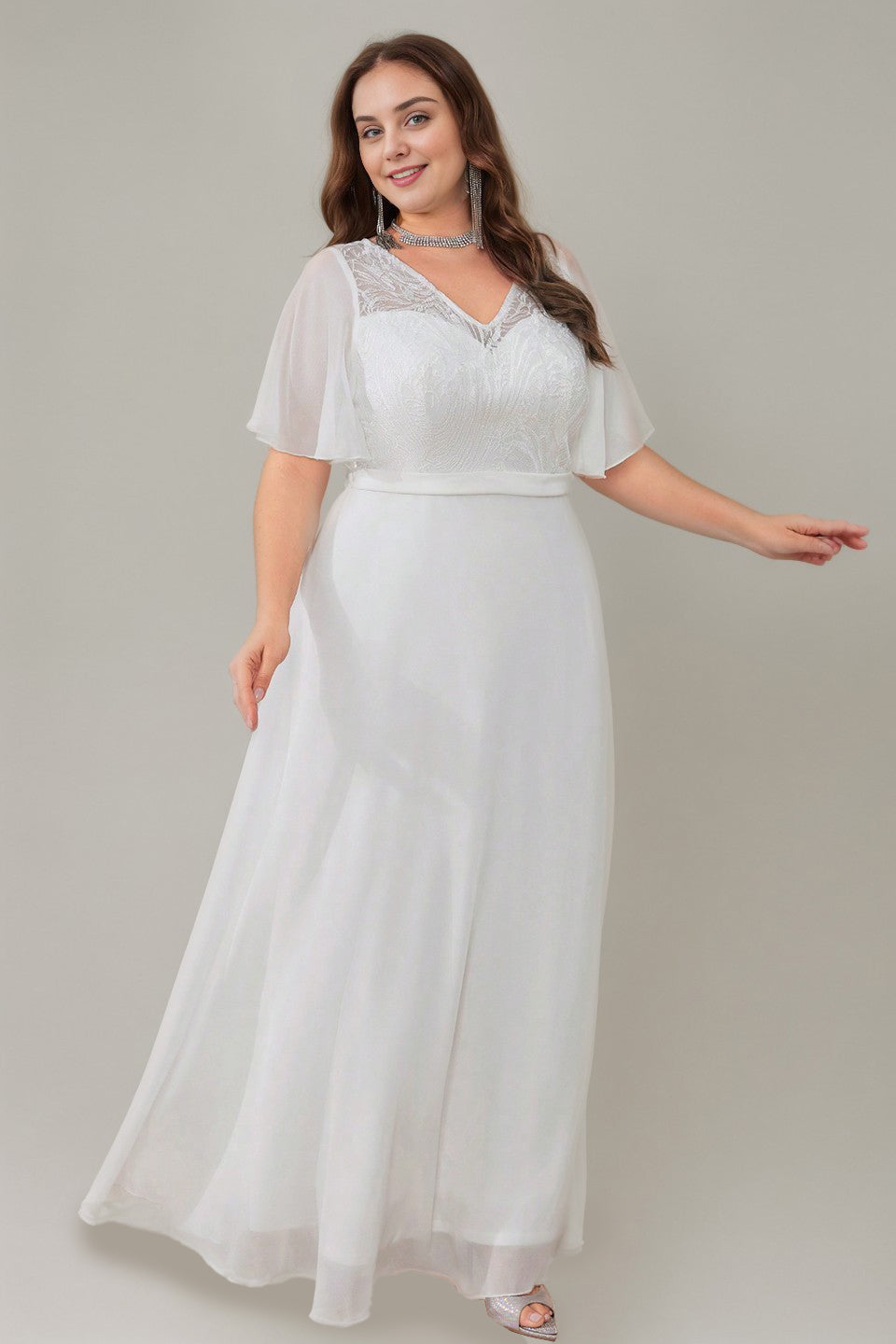 Curveins Plus Size Flowy Chiffon V-Neck  Formal Maxi Dress