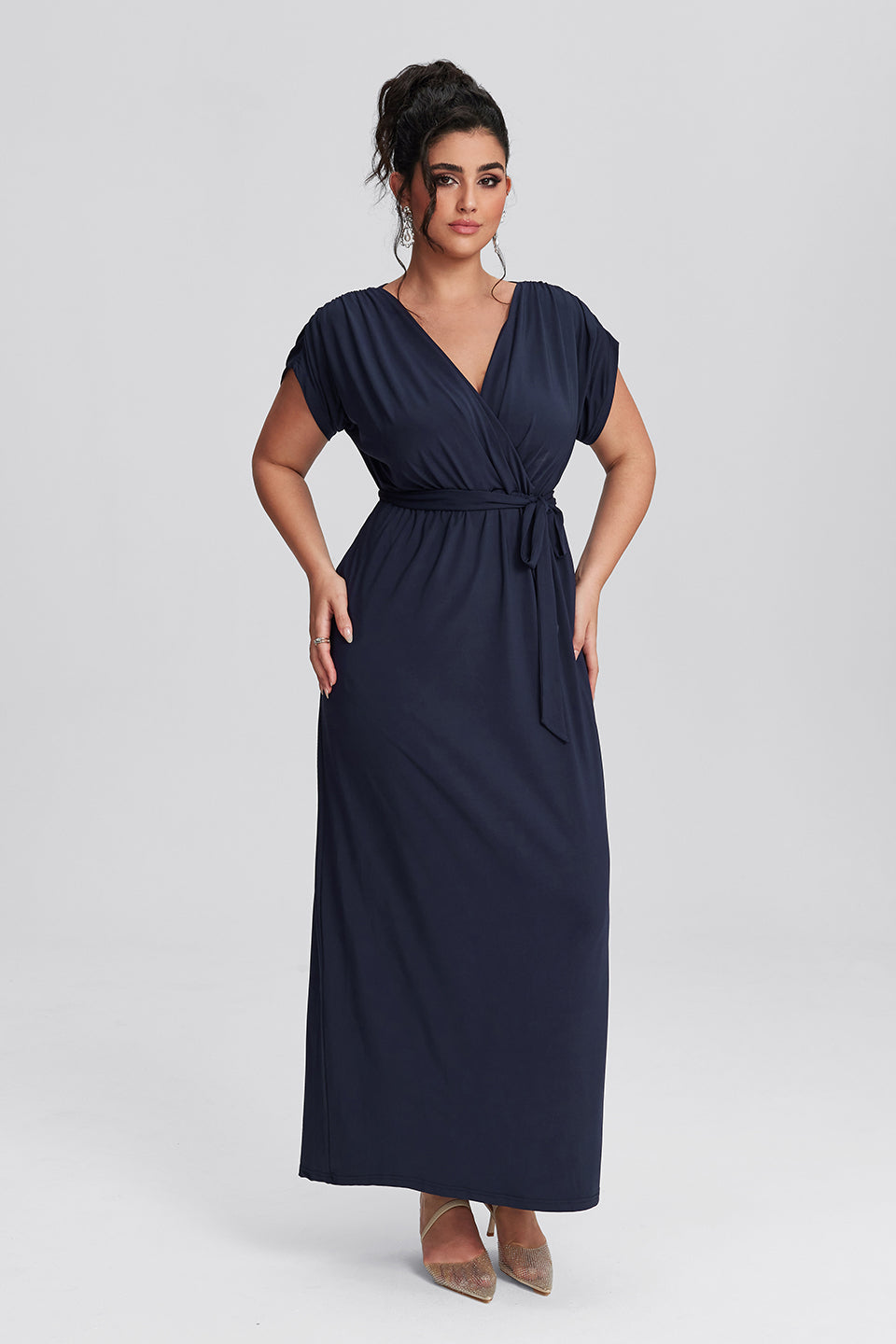 Curveins Plus Size Elastic Waist Shirred V-Neck Wrap Maxi Dress