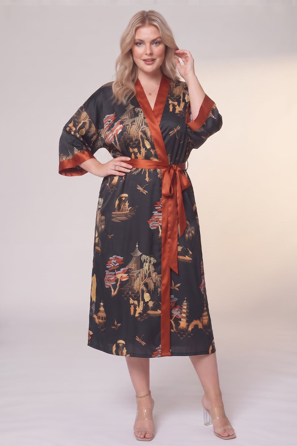 Curveins Plus Size Satin Ice Silk Cooling Lightweight Loose Fit Robe Nightwear