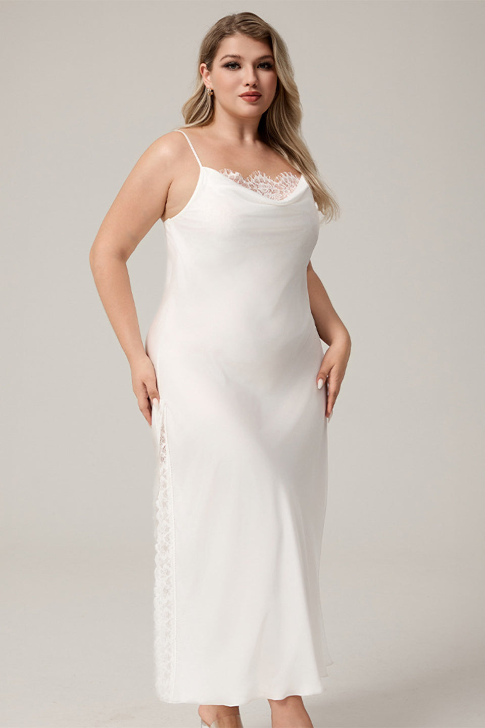 Curveins Plus Size Trimmed Lace High-Slit Spaghetti Strap Dress, Chic Elegant Nightwear