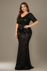 Curveins Plus Size V Neck Short Sleeve Bodycon Sequin Floral Maxi Dress