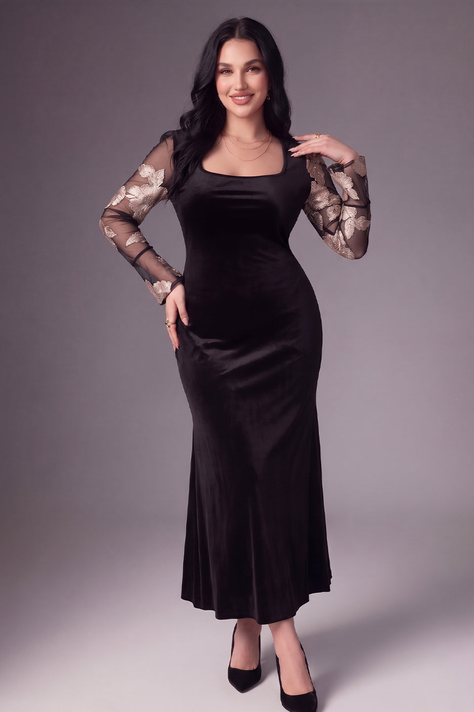 Curveins Plus Size Square Neck Metallic Velvet Mermaid Hem Glamorous Maxi Dress