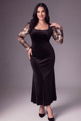 Curveins Plus Size Square Neck Metallic Velvet Mermaid Hem Glamorous Maxi Dress