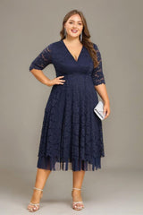 Curveins Plus Size V-Neck 3/4 Sleeves Lace & Mesh Maxi Dress