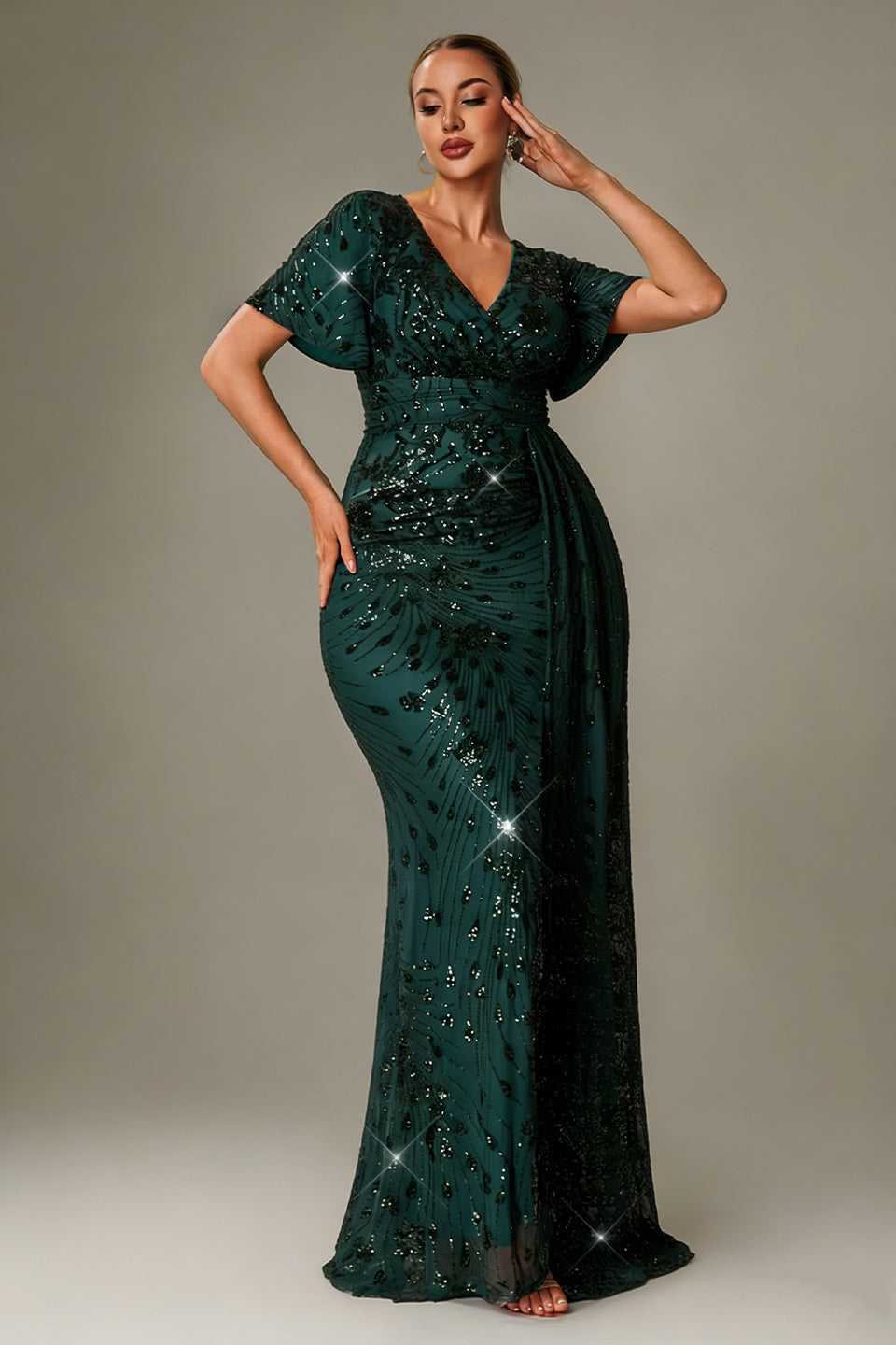 Curveins Plus Size V-Neck Batwing Sleeve Sequin Detail Maxi Dress with Side Train