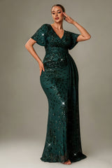 Curveins Plus Size V-Neck Batwing Sleeve Sequin Detail Maxi Dress with Side Train