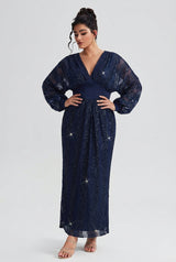 Curveins Plus Size V-Neck Sequin Balloon Sleeve Back-Slit Elegant Evening Maxi Dress