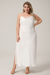 Curveins Plus Size Trimmed Lace High-Slit Spaghetti Strap Dress, Chic Elegant Nightwear