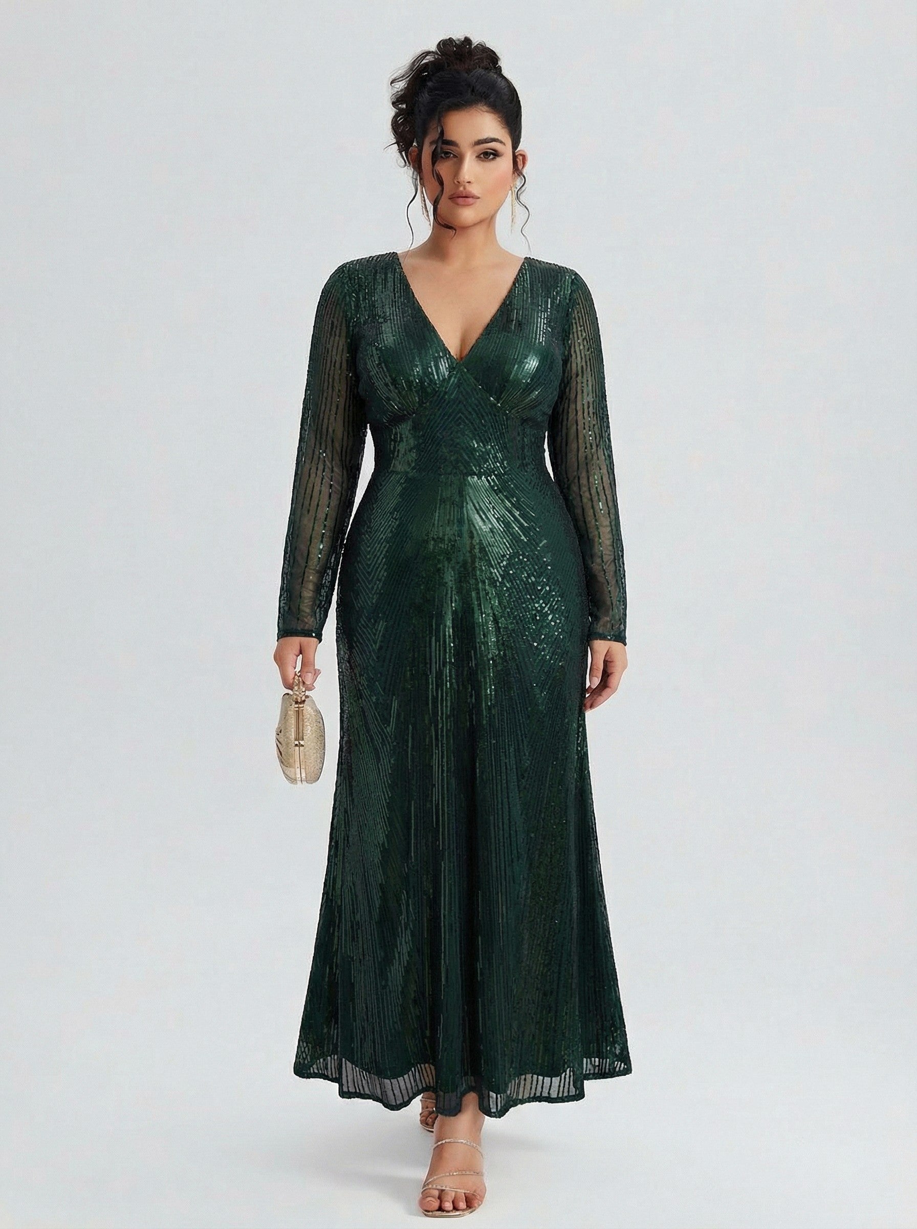 Curveins Plus Size V Neck Long Sleeve Sequin Maxi Dress