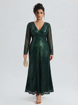 Curveins Plus Size V Neck Long Sleeve Sequin Maxi Dress