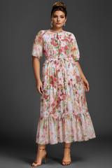 Curveins Plus Size Round Neck Floral Wrap Waist Tiered Maxi Dress