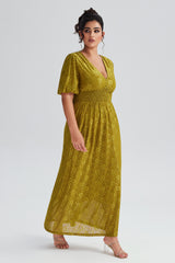 Curveins Plus Size V-Neck Lace Elastic Waist Floral Maxi Dress