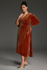 Curveins Plus Size Wrap V-Neck Belted Asymmetrical Hem Midi Dress