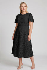 Curveins Plus Size Lace Hollow Detail Round Neck Short Sleeve Waist Defining Midi Dress