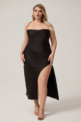 Curveins Plus Size Backless Split Cami Dress with Waist Bow, Elegant Chic Evening Wear