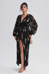 Curveins Plus Size V Neck Sequins Lantern Sleeve Slit Mesh Dress