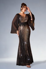 Curveins Plus Size Sparkling V-Neck Batwing Long-Sleeve Curve-Fit Maxi Dress