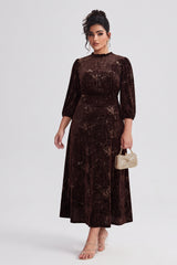 Curveins Plus Size Long Sleeve Velvet Patterned Elegant Flattering Maxi Dress