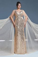 Curveins Plus Size V-Neck Sequin Maxi Dress with Cape Sleeves