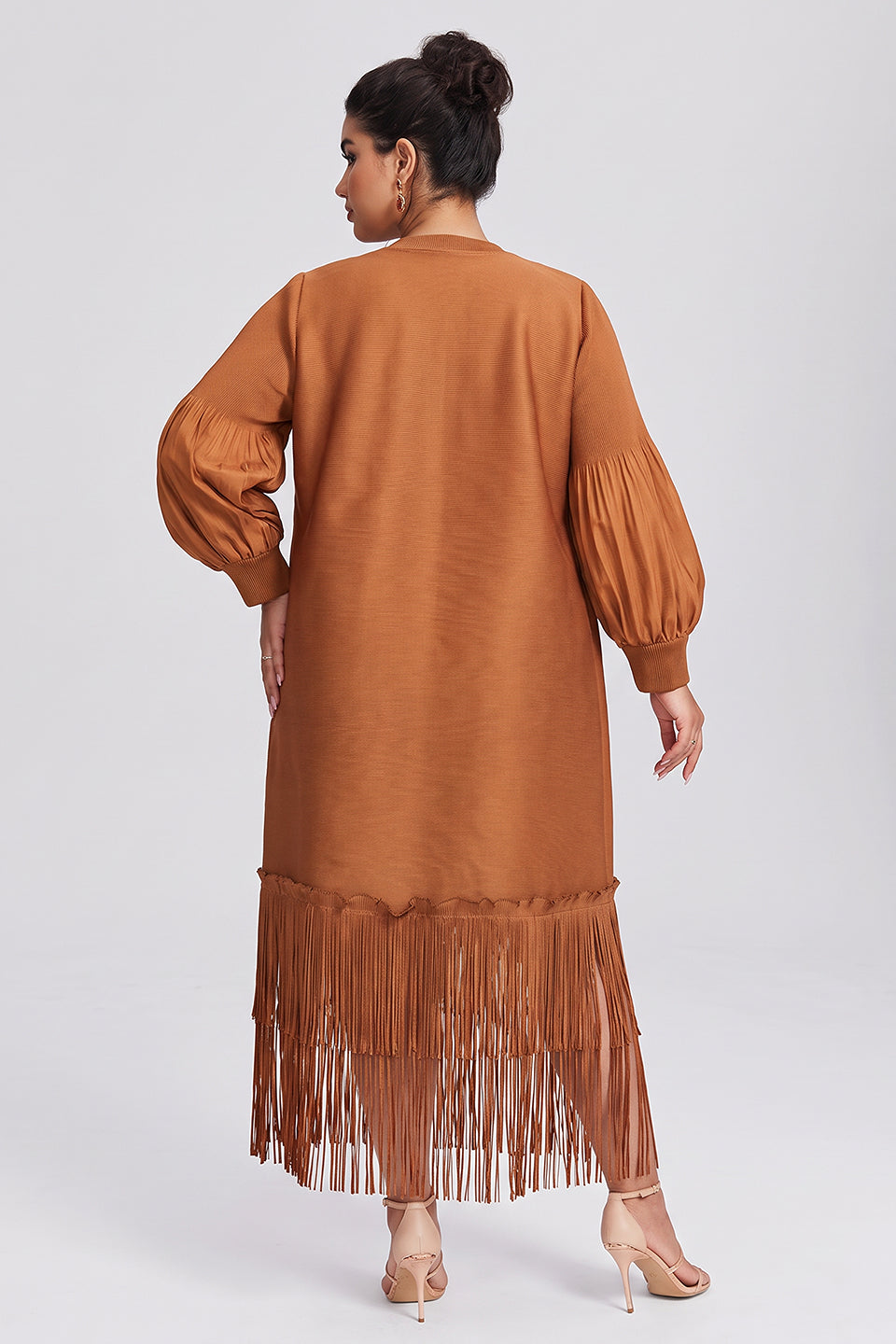Curveins Plus Size Crew Neck Long Sleeve Stretch Fringe Hem Midi Dress