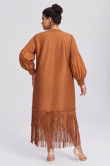 Curveins Plus Size Crew Neck Long Sleeve Stretch Fringe Hem Midi Dress