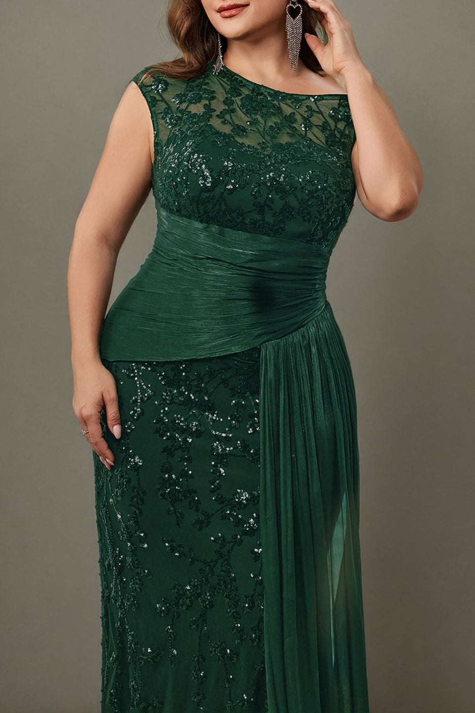 Curveins Plus Size One Shoulder Sleeveless Embroidered Sequin Patchwork Bodycon Maxi Dress