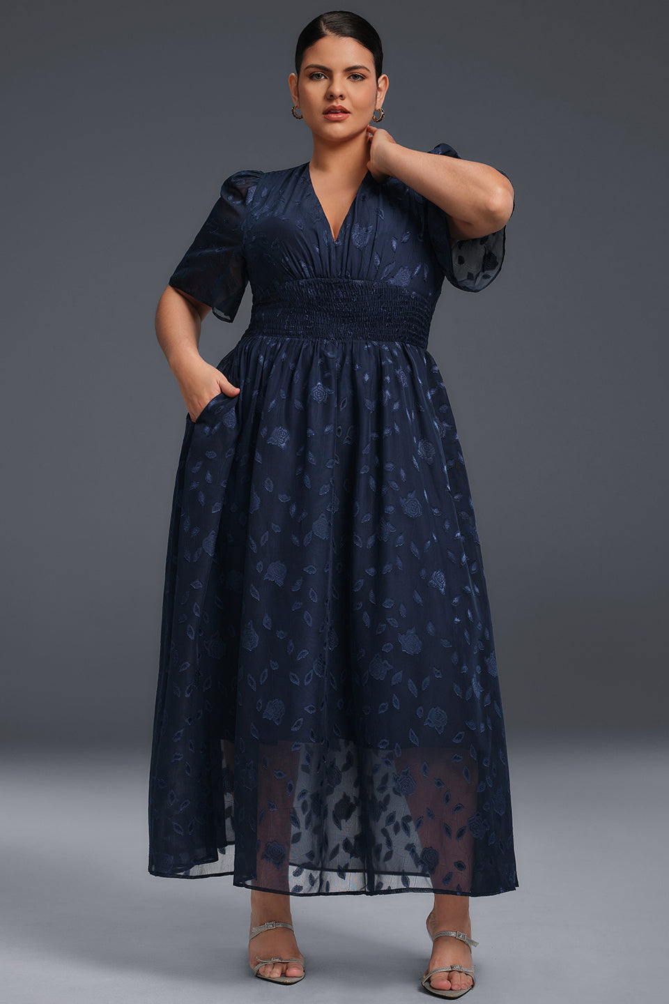 Curveins Plus Size V-Neck High-Waist Pleated Maxi Dress