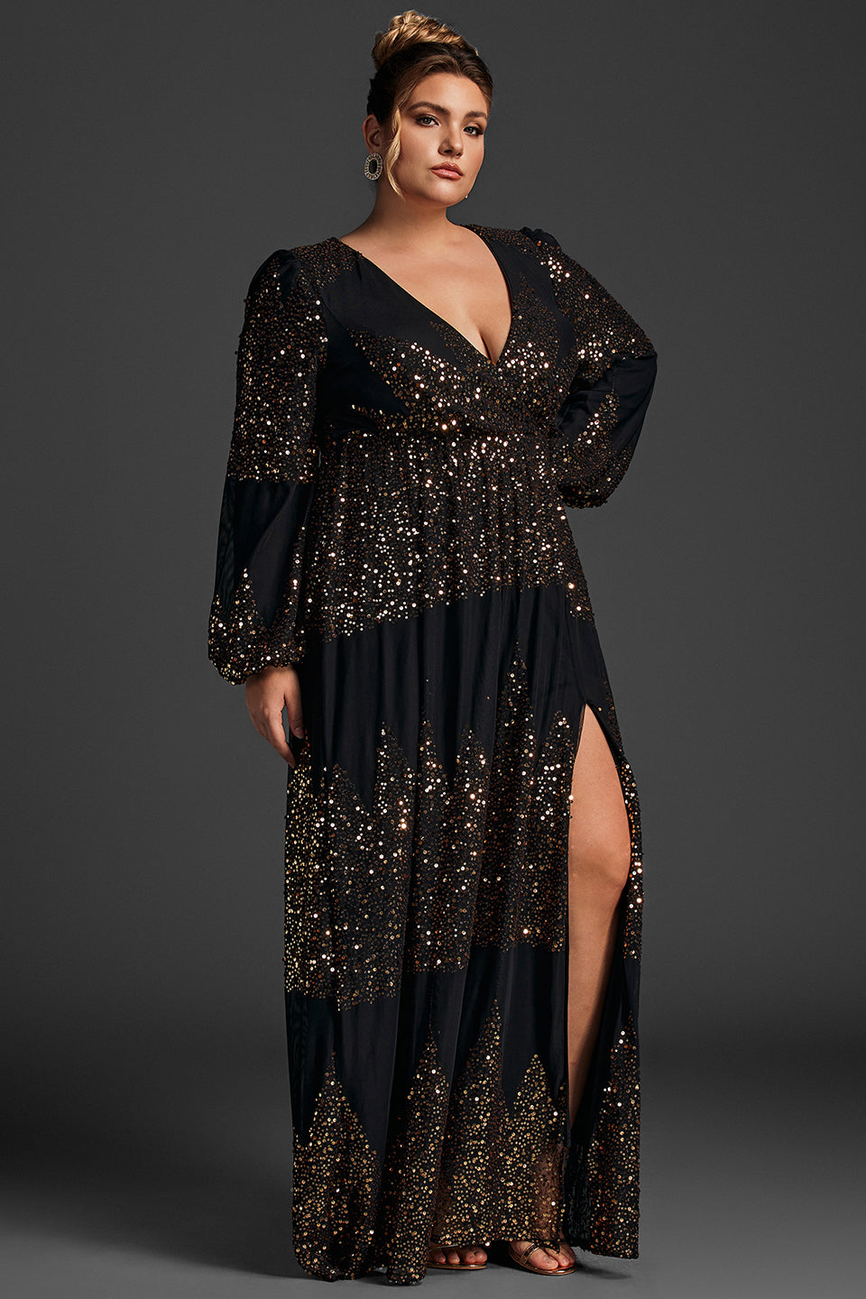 Curveins Plus Size V-Neck Sequin Split Hem Maxi Dress