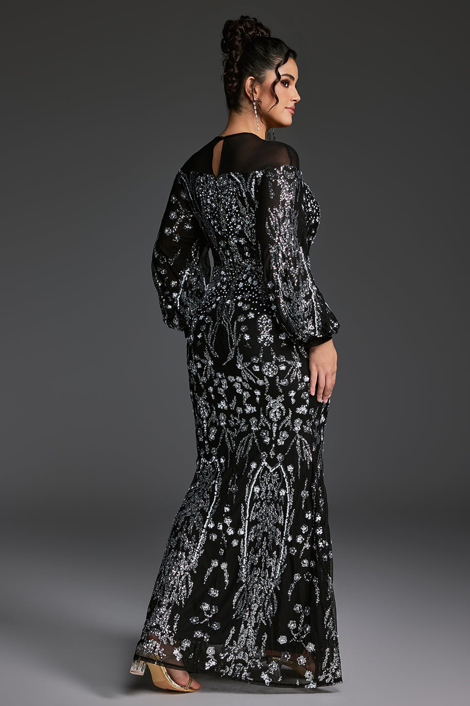 Curveins Plus Size Sheer Round Neck Puff Sleeve Patterned Sequin Bodycon Maxi Dress