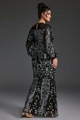 Curveins Plus Size Sheer Round Neck Puff Sleeve Patterned Sequin Bodycon Maxi Dress