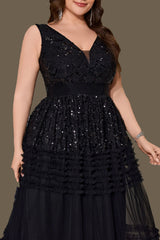 Curveins Plus Size V Neck Sleeveless Ruched Waist Elegant Flowy Maxi Dress