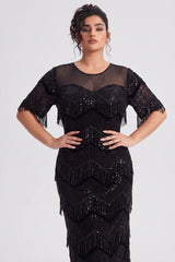 Curveins Plus Size Crew Neck Short Sleeve Sequin Fringe Velvet Maxi Dress