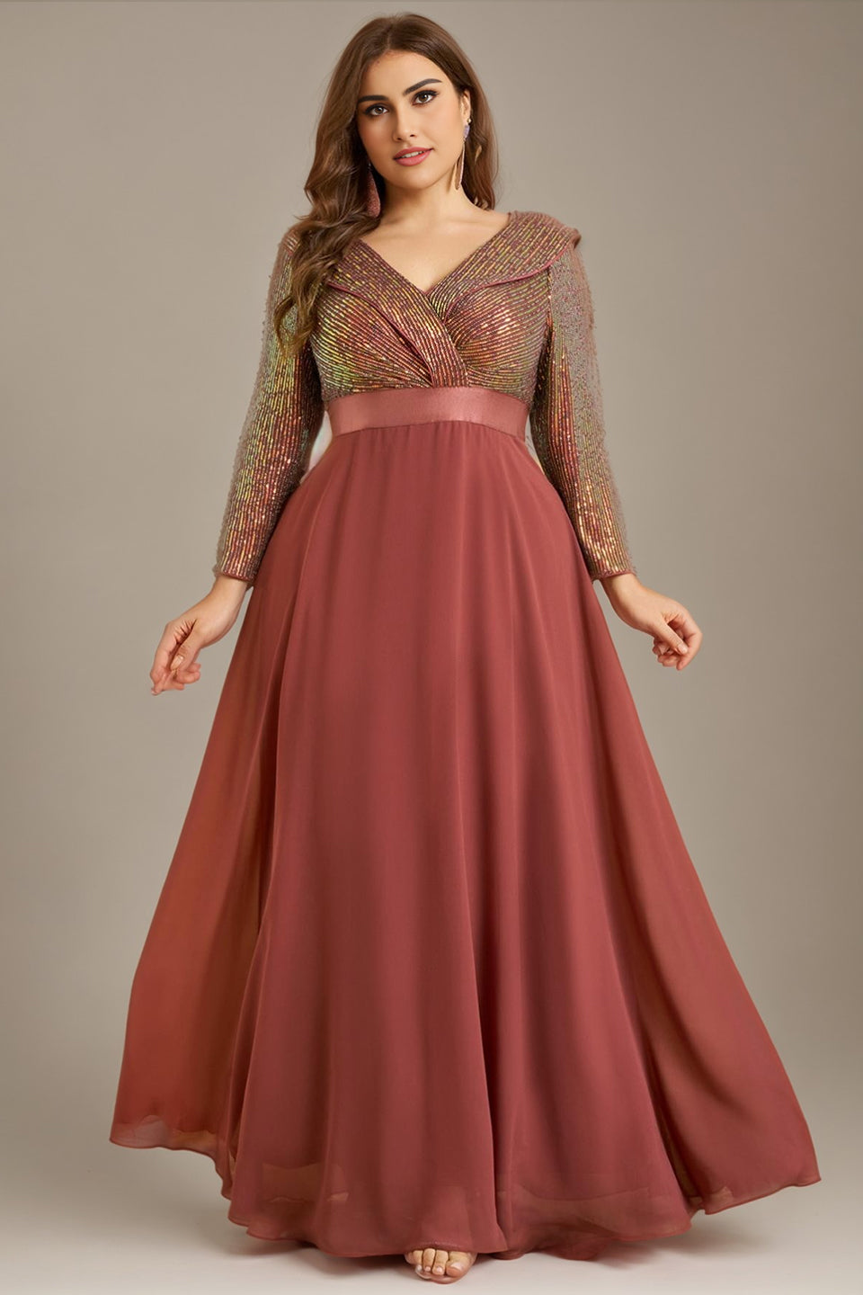 Curveins Plus Size V-Neck Long Sleeve Glitter Patchwork Waist-Fitted Maxi Dress