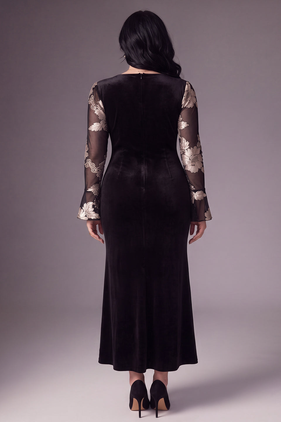 Curveins Plus Size Square Neck Metallic Velvet Mermaid Hem Glamorous Maxi Dress