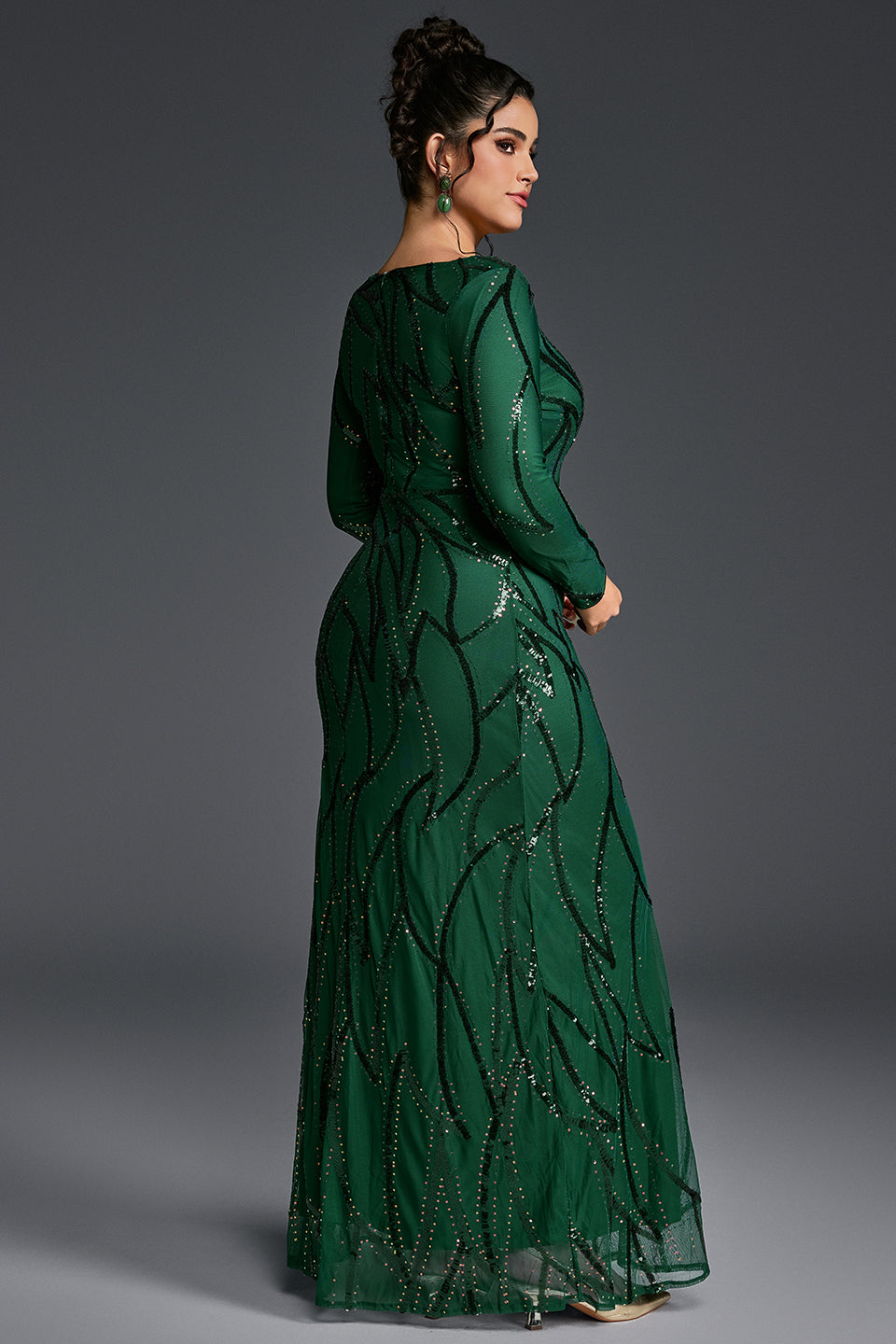 Curveins Plus Size Round Neck Long Sleeve Textured Sequin Bodycon Maxi Dress