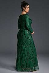 Curveins Plus Size Round Neck Long Sleeve Textured Sequin Bodycon Maxi Dress