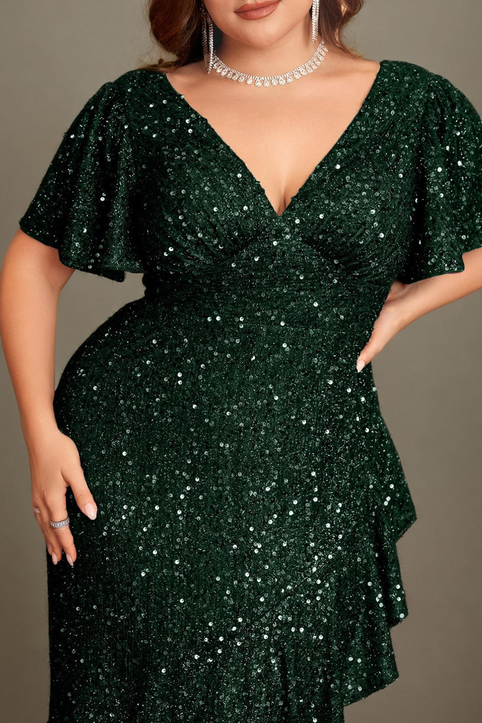 Curveins Plus Size V-Neck Short Sleeve Sequin Ruffle Slit Evening Gown