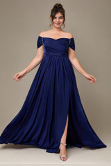 Curveins Plus Size Off Shoulder Wrinkle Detail Split Hem Flared Maxi Dress