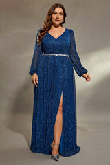 Curveins Plus Size V-Neck Long Sleeve Sequin Maxi Dress with Waist Tie and Side Slit
