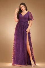Curveins Plus Size Floral Embroidery V-Neck Puff Sleeve Side-Slit Maxi Dress