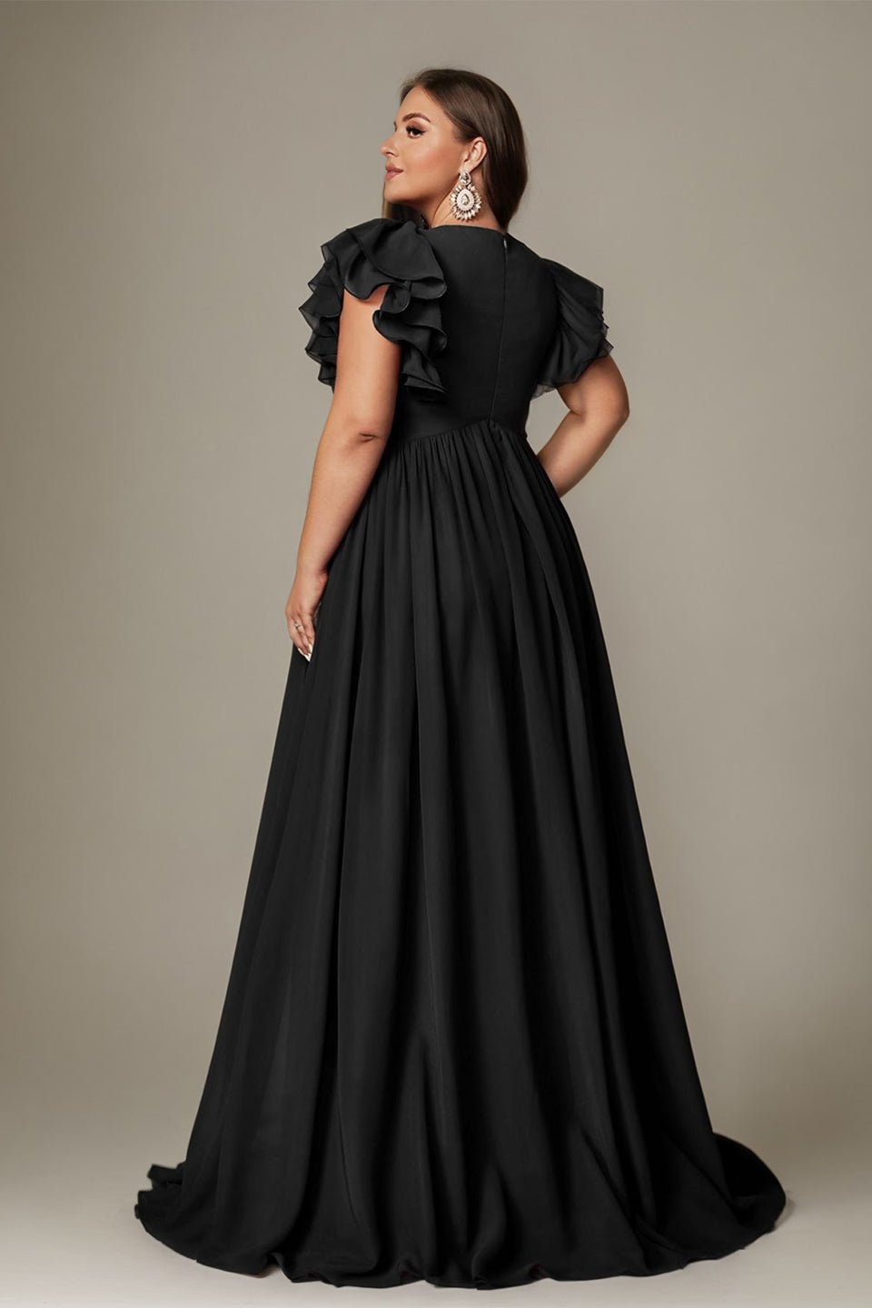 Curveins Plus Size V-Neck Ruffle Sleeve Split A-Line Maxi Dress