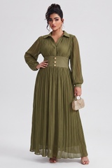 Curveins Plus Size Long Sleeve Polo Neck Button Pleated Waist Maxi Dress